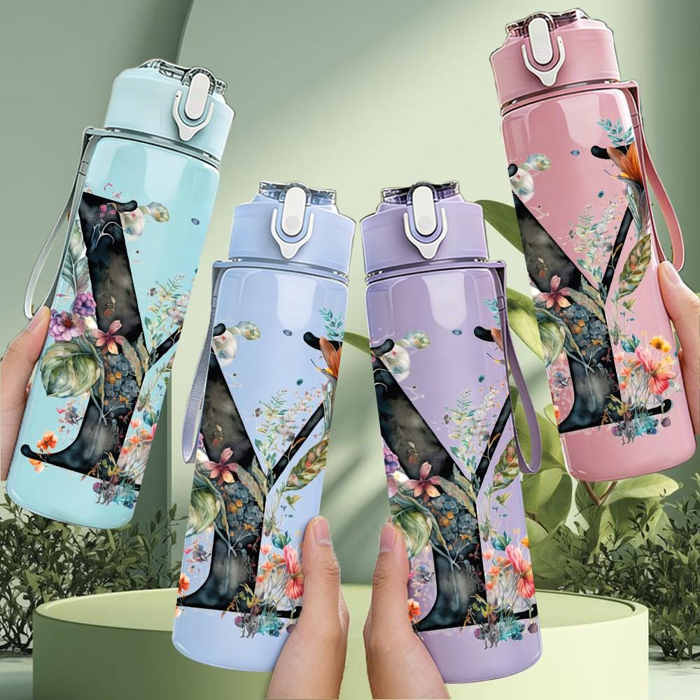 1PC Letter V Floral Monogram Art Print 750ml Color Plastic Sports Water Bottle Leakproof Flip Straw Lid Suitable for Sports Office Home Use