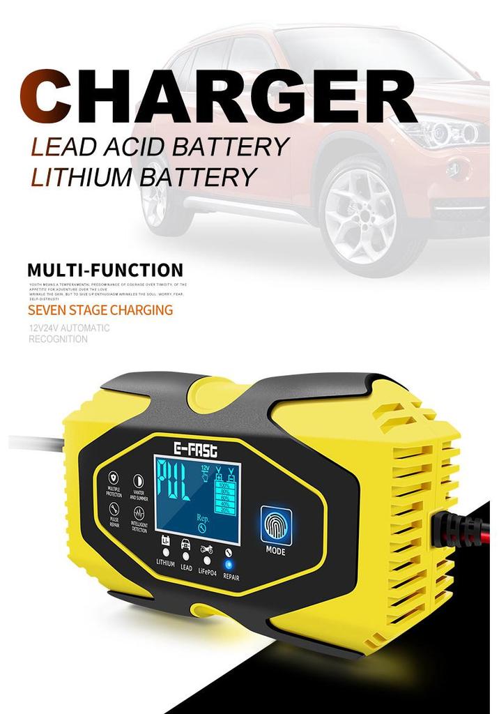 E-FAST Smart Charger for Lithium & Lead-Acid Batteries with Current & Voltage Display for Cars & Motorcycles