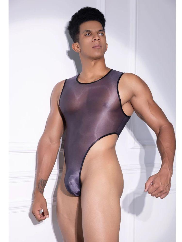 Sexy Men Thin High Cut Bodysuit Oil Glossy Shiny Vets Sheer See Through Thong Maid Tights Elastic Tank Top Home Leotard