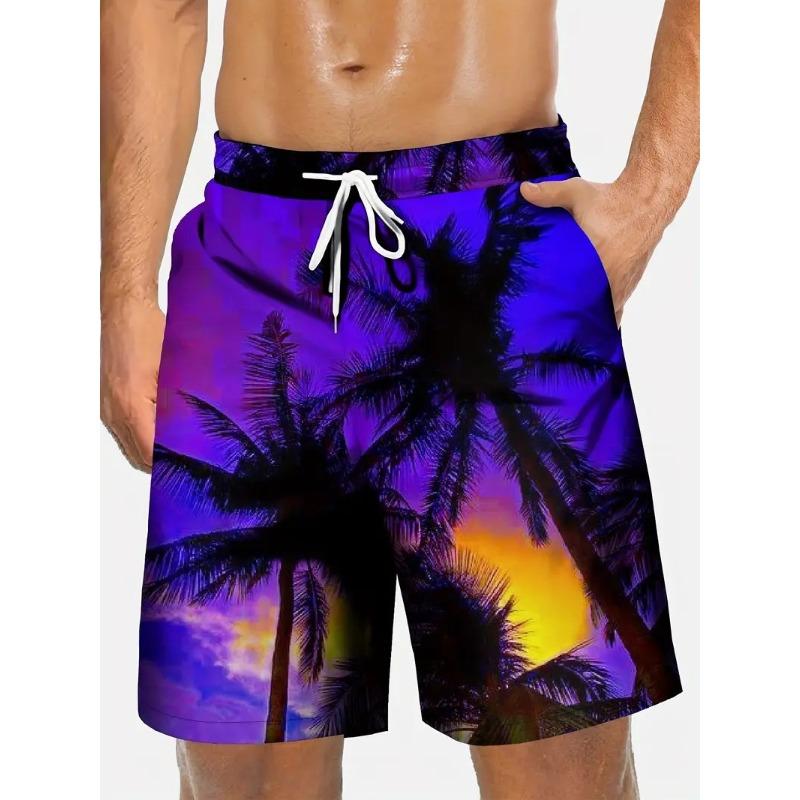 Summer Men's Tropical Floral Print Beach Shorts Quick Dry Drawstring Swim Trunks