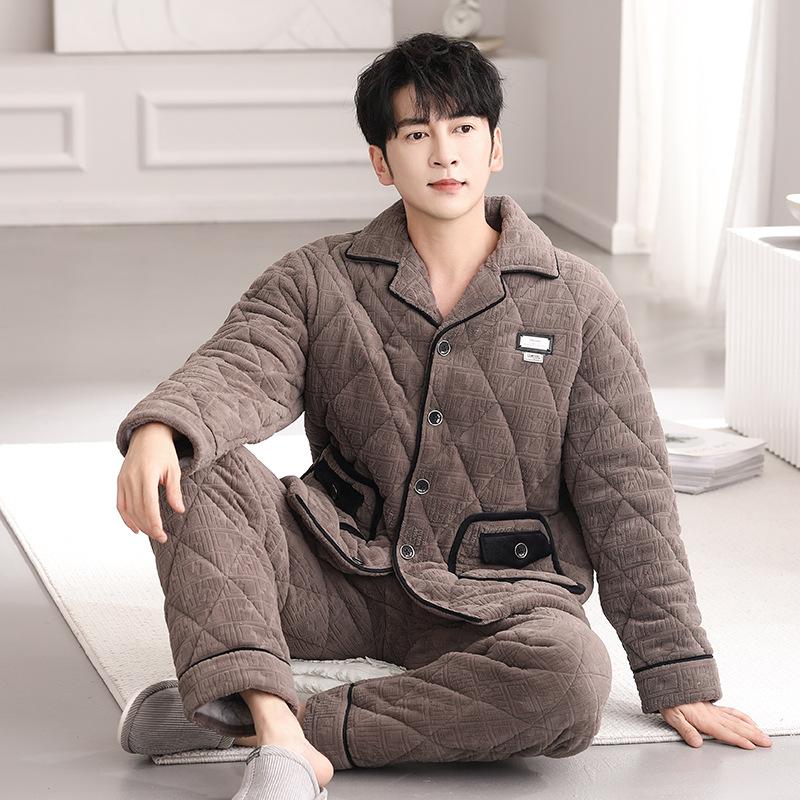 Men's Pajamas Autumn and Winter Coral Fleece Three-layer Padded Fleece Thickened Flannel Padded Jacket Warm Loungewear Set