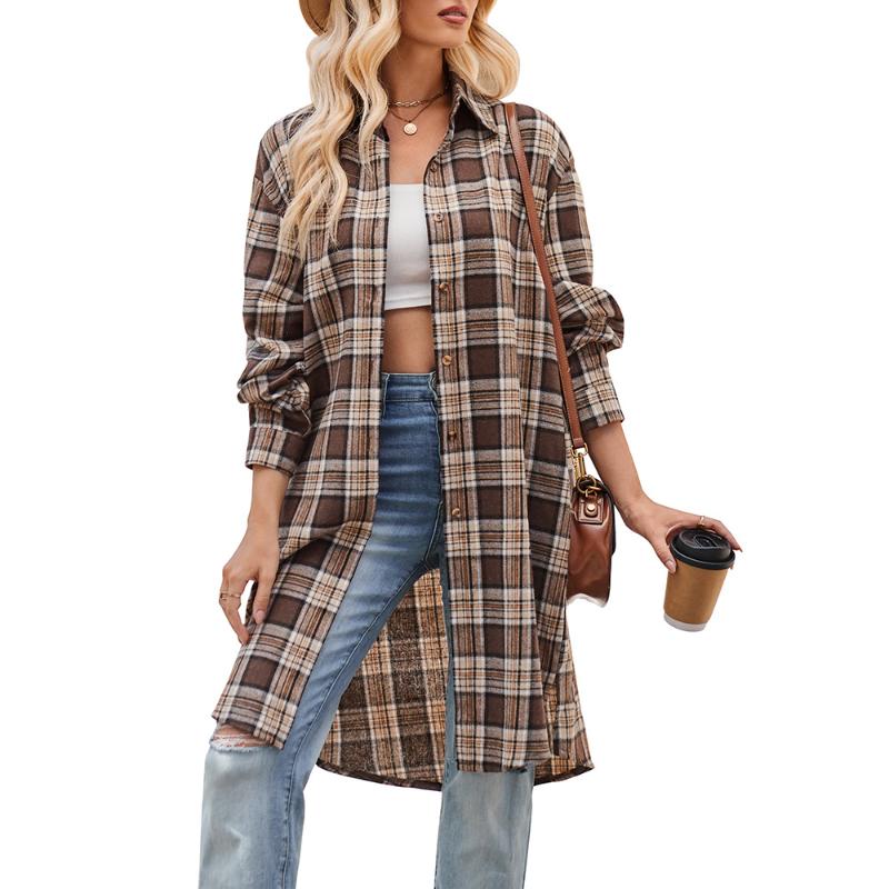 Women's Autumn and Winter New Casual Casual Loose Long Windbreaker Plaid Shirt