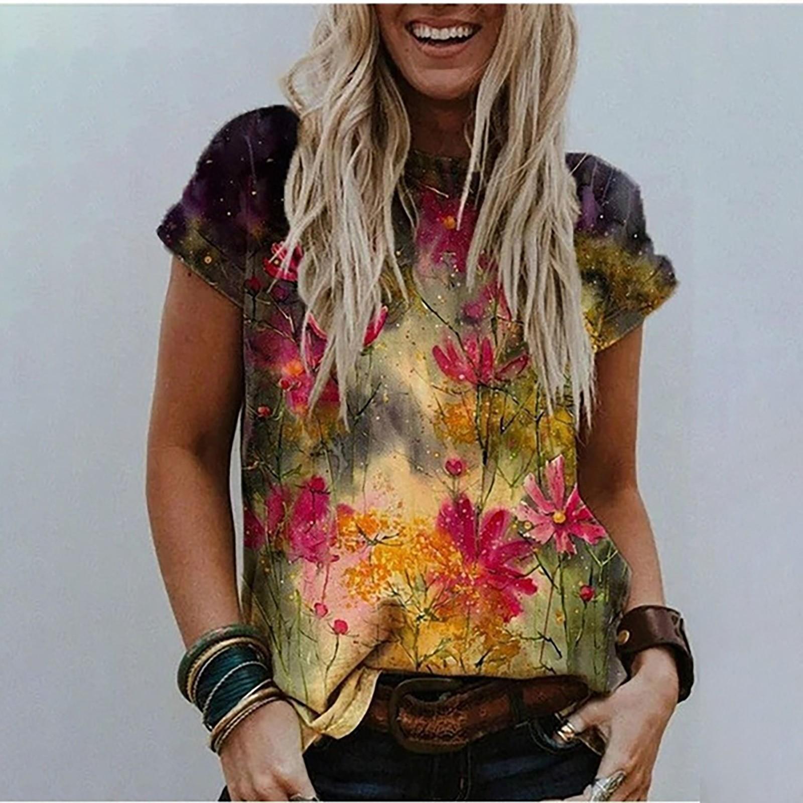 

Women s Casual T-shirt Graphic Vintage Print Round Neck Tops Basic Loose Tops L