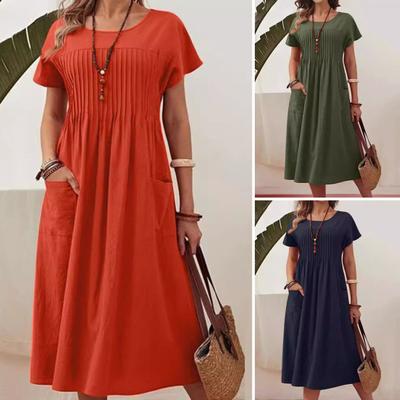 Freizeitkleid für Damen, Rundhalsausschnitt, kurzärmelig, Maxikleid mit Tasche, lockere Passform, Sommerkleid für Büro, Alltag, Strandparty