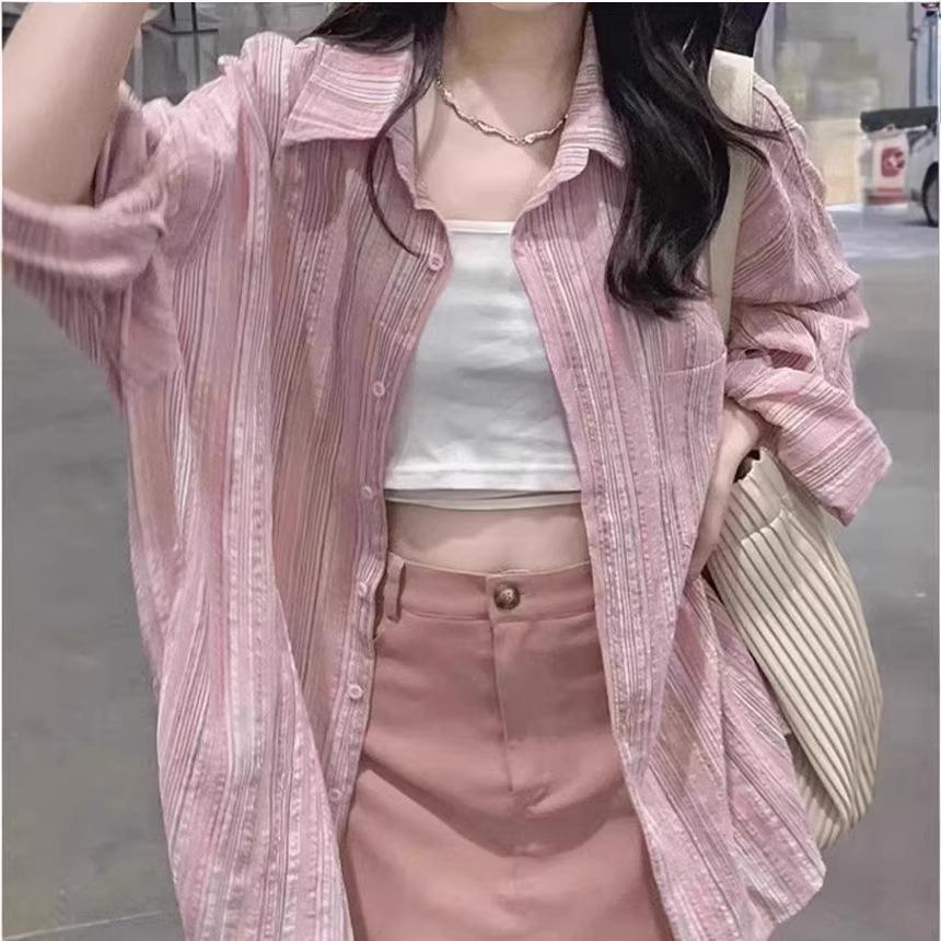 Women's Pink Striped Cardigan: 2026 Spring Sun Protection Shirt with Stylish Design and Relaxed Fit.