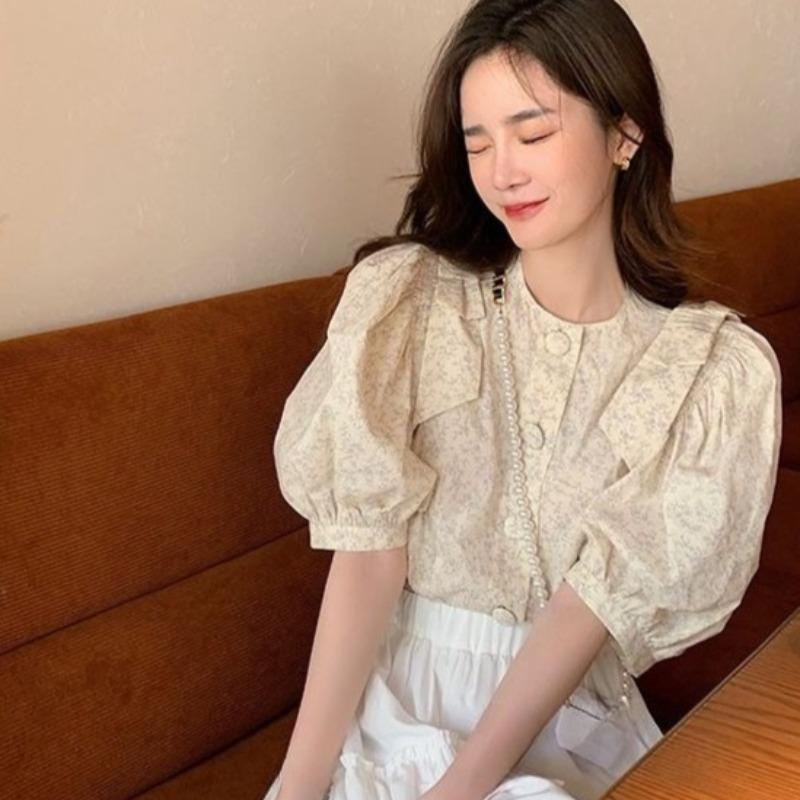 Ladies' Floral Shirt Women's Puff Sleeve Design Round Neck Blouses Summer New Female Korean Version Versatile Loose Top