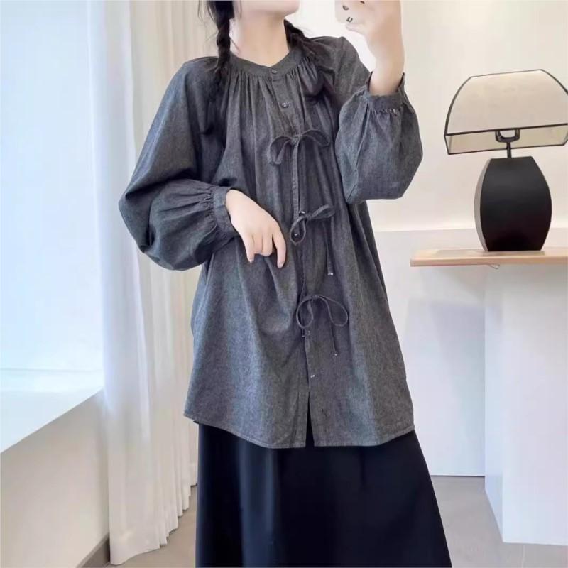 Johnature Japanese Forest Bow Tie Cotton Midi Shirt Women Spring Autumn Casual Loose Balloon Sleeve Tops