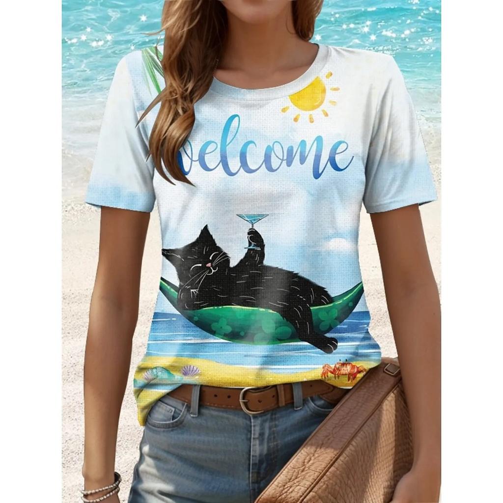 Funny Animal Cat 3D Print T-Shirts Casual Streetwear Short Sleeve Round Neck Women's T-shirts
