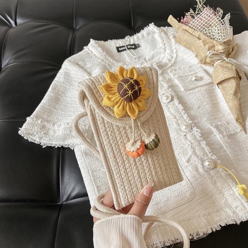 Damen Strandurlaub Umhängetasche: Gewebtes Baumwollseil Blumendesign für Handy & Münzen