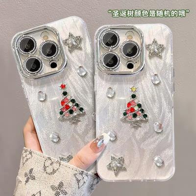 Flash Diamond Three-Dimensional Christmas Tree Mobile Phone Case Is Suitable For Apple 17Promax Feather Yarn All-Inclusive 16Pro Advanced Sense 14