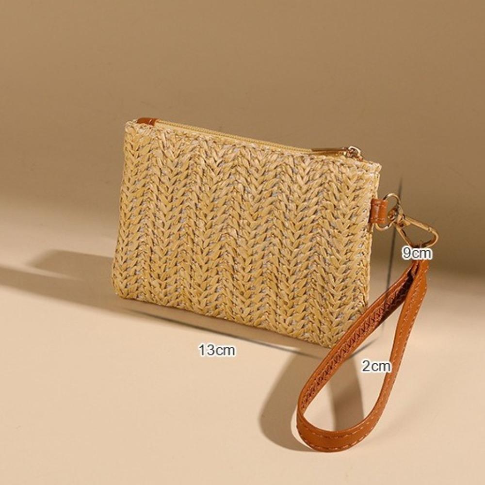 Casual Wristlet Clutch Weaving Bag Solid Straw Lightweight Beach Wallet Coin Purse