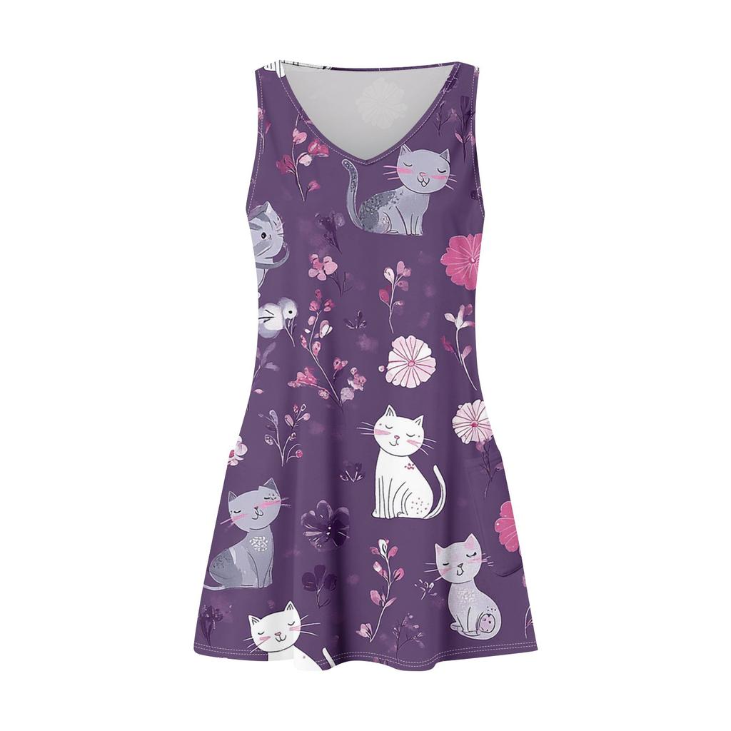 Damen Sommer Casual Locker Ärmellos Taschenkleid mit Blumendruck