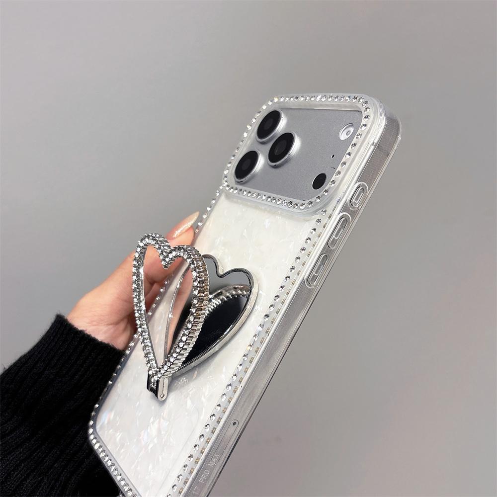 Luxury Sparkling Glitter Rhinestone Heart Mirror Phone Case for iPhone 17 Pro Max 16 15 14 13 Crystal Wrist Strap Protect Cover