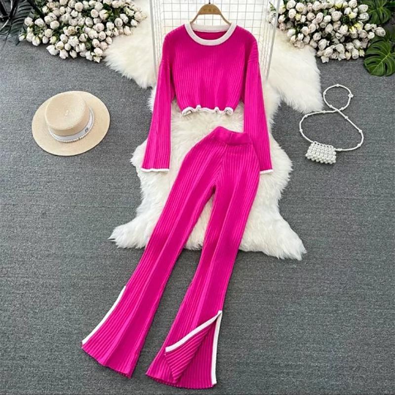 

Женский осенне-зимний тонкий свитер с длинными рукавами в стиле пэчворк, широкие длинные брюки, комплект из двух предметов, свободный спортивный комплект с резинкой и круглым вырезом Fit For 40-70KG