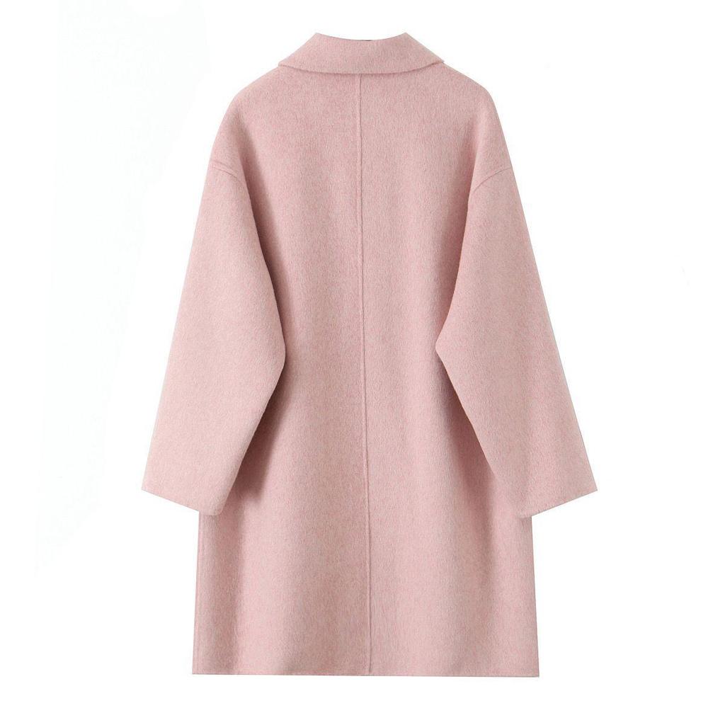 Mid-Length Wool-Cashmere Coat with Doll Collar & Petal Buttons, Double-Faced, Chic Autumn/Winter Style, Youthful Look.