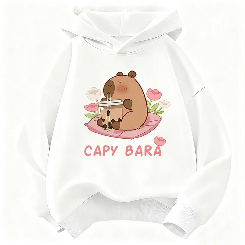 Kawaii Capybara Drinking Juice Hoodie Kids Flower Children's Sweatshirt Hoody for Boys Girls Casual Hoodies Clothes