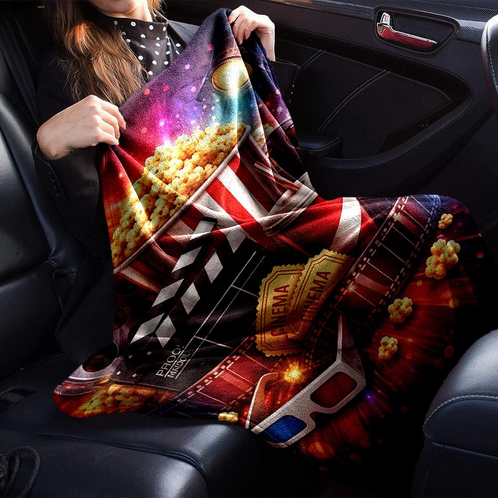 Movie Night Popcorn Film Reel Ticket Print Flannel Blanket Soft Warm Throw Blanket Cinema Home Decor for Sofa Bedroom Travel