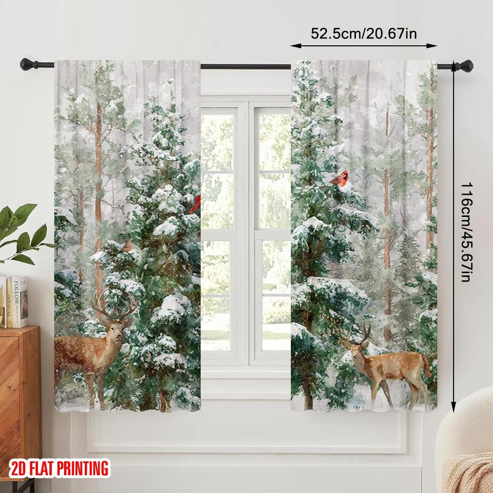 2pcs,2D Plane Printing Light Filtering Curtains Christmas Pine Tree Snowflake Versatile Polyester Fabric (without Rod)