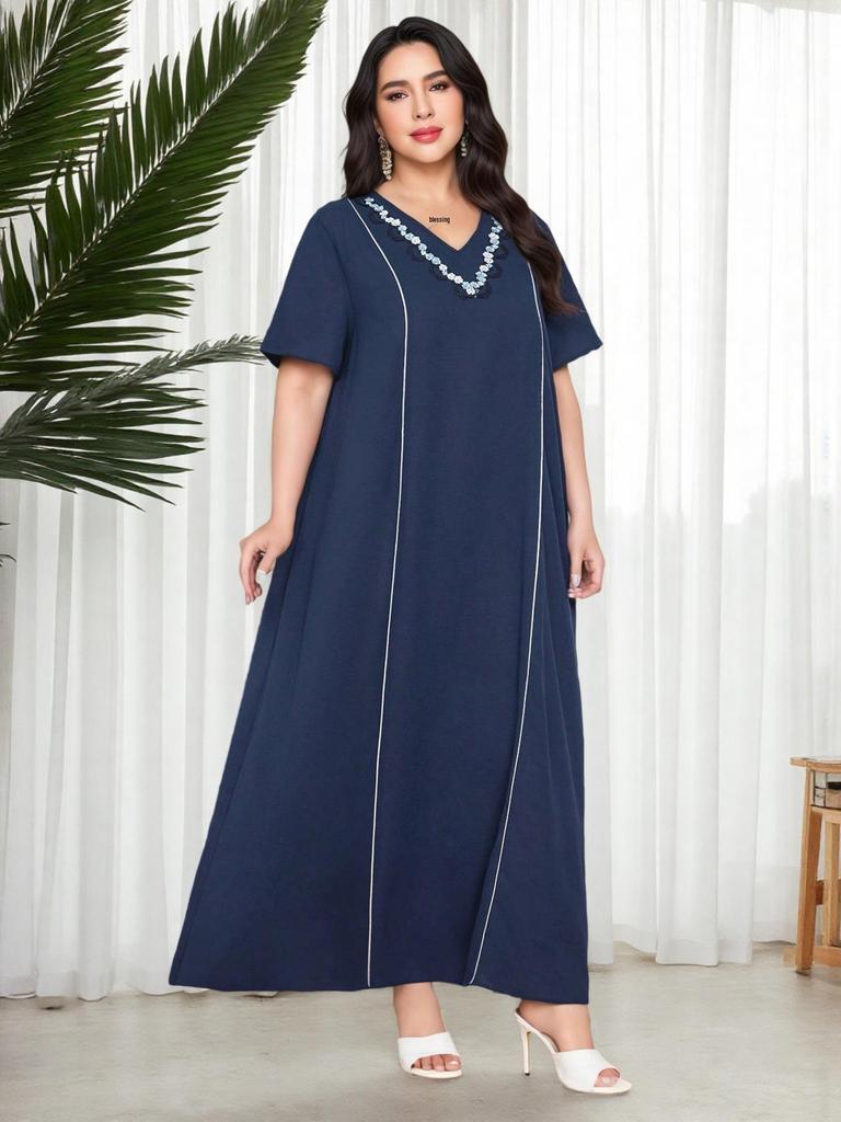 Plus Size V-Neck Slimming Dress: Tummy-Covering, Waist-Cinched with Wide Hem - New Summer Fashion
