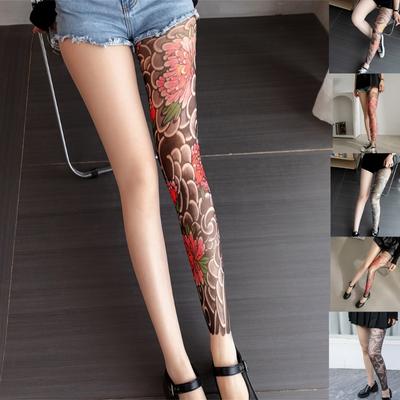 Colorful Floral Patterned Fake Tattooed Print Tights Elastic Waistband Stretchy Nylon Pantyhose Sheer Leggings For Women