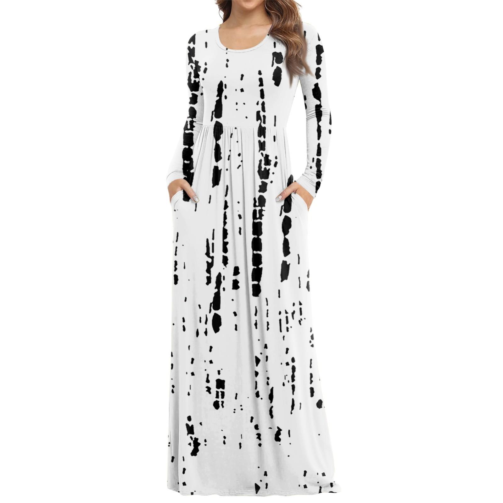 

Women s Fashion Casual Print Round Neck Long Sleeve Extra Long Dress With Pockets M чорний