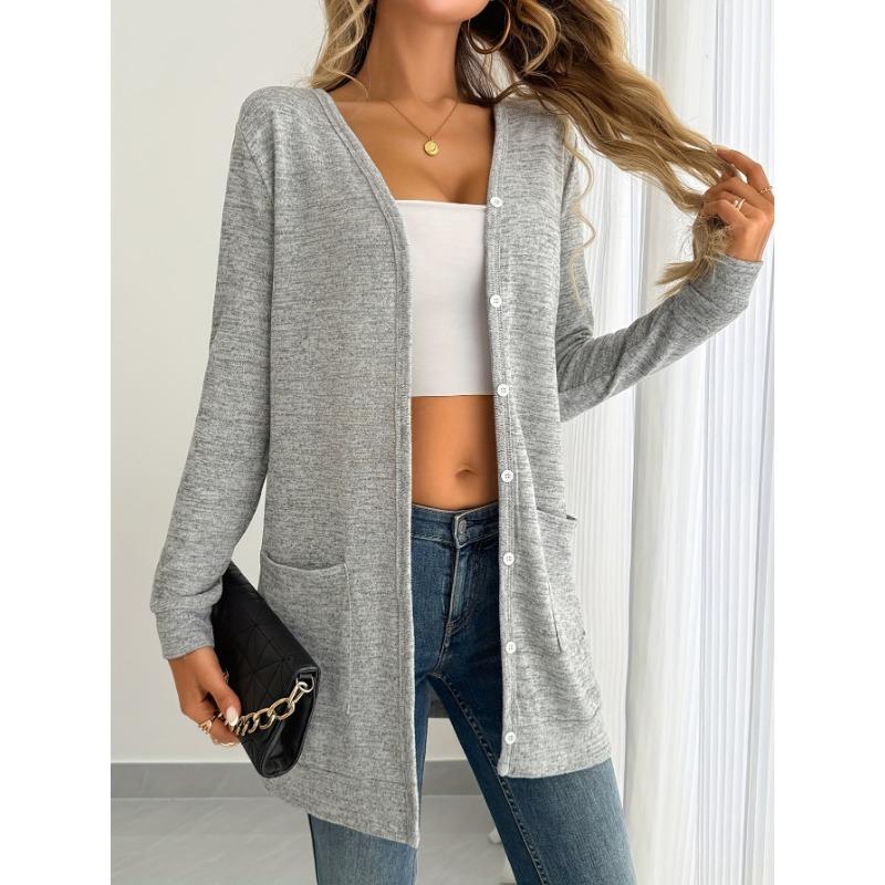 Women's New Autumn and Winter Solid Color Loose V-neck Long Sleeve Pocket Waist Cardigan Jacket
