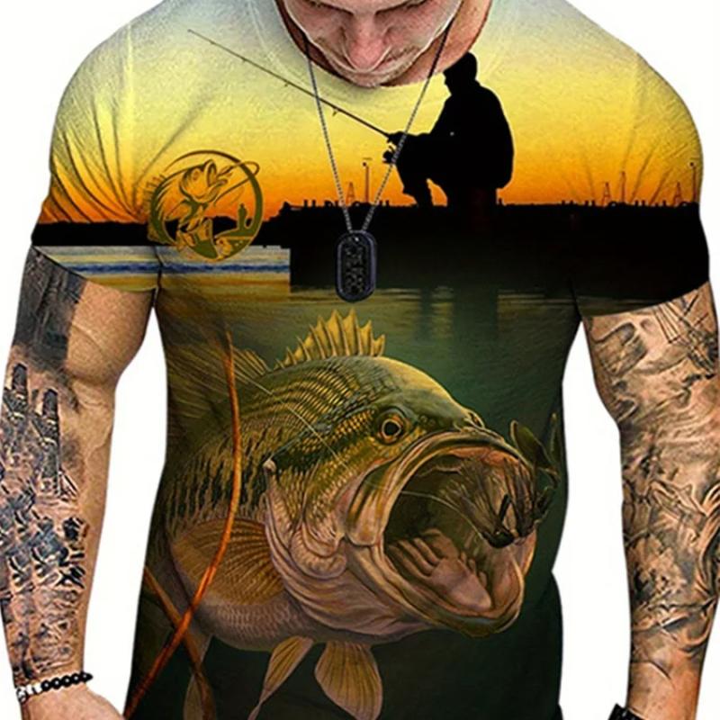 

Футболка для мужчин, футболка с рисунком рыбалки, топ с короткими рукавами и 3D принтом, повседневная рубашка с круглым вырезом, Harajuku, большие мужские костюмы, топы 6XL