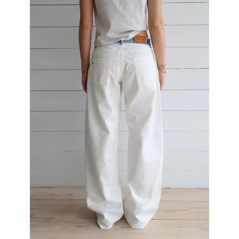 ROADVIBE Women's Contrast Waistband White Wide Leg Jeans Low Rise Baggy Denim Pants Loose Fit Trousers Lady Date Commuter Casual Clothes