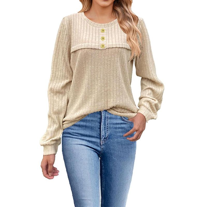 Autumn Winter Round Neck Solid Pullover T-shirt Women Vintage Long Sleeve Buttons All-match Patchwork Tee Top