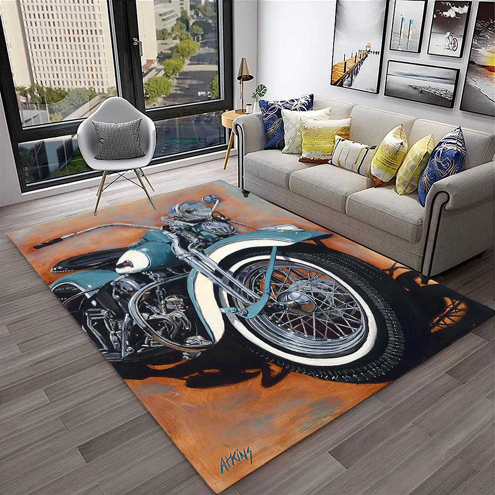 3D Retro Motorrad Vintage Teppich für Zuhause Wohnzimmer Schlafzimmer Spielzimmer Sofa Fußmatte Dekor, Kinderteppich Rutschfeste Bodenmatte