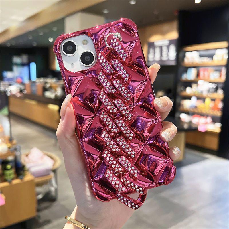 Luxury Shiny Diamond Electroplating Phone Case for iPhone 16 Pro Wristband Strap Mobile Phone Cases