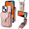For iPhone 15 Card Slot Phone Case PU Leather Coated TPU Zipper Pocket Kickstand Cover with Shoulder Strap