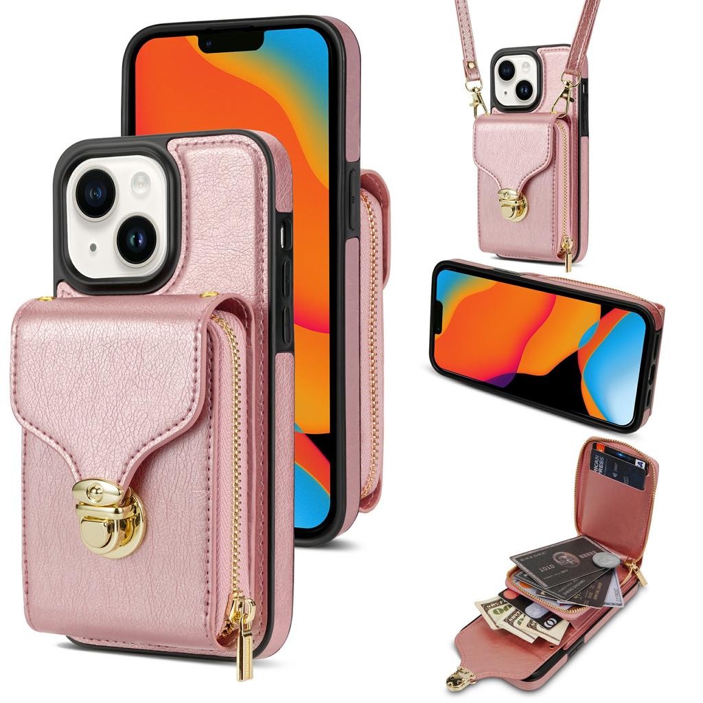 For iPhone 15 Card Slot Phone Case PU Leather Coated TPU Zipper Pocket Kickstand Cover with Shoulder Strap