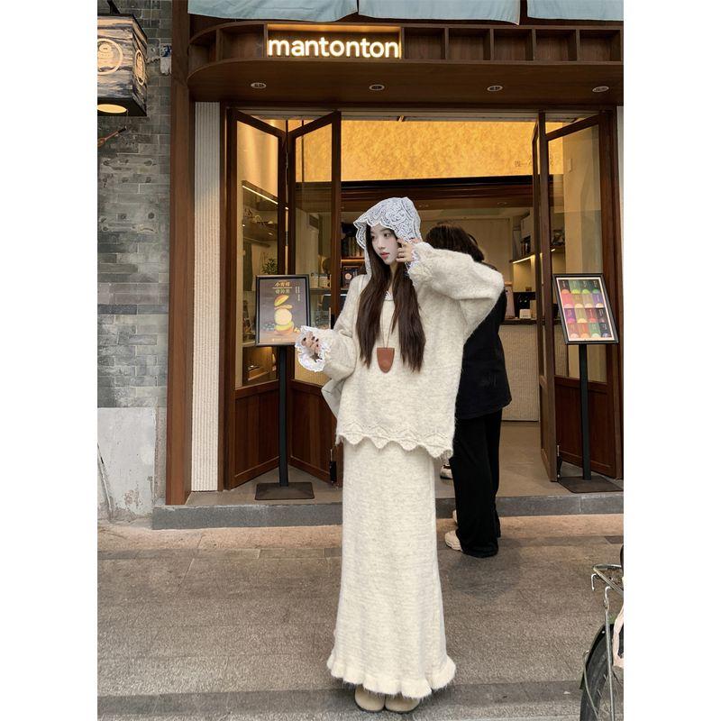 

Kumikumi Нежный кружевной пуловер Женский осенний С высокой талией Облегающая юбка Длинное платье Костюм-двойка Skirt One size