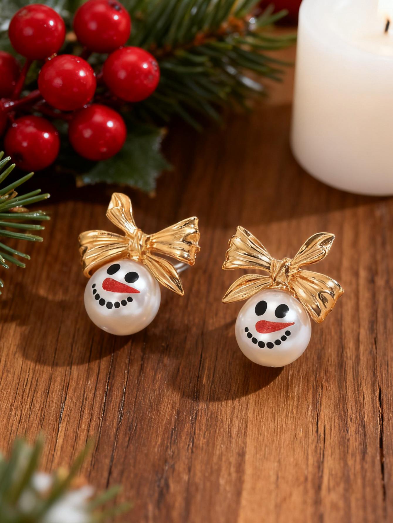 Cross-Border Bow Christmas Pearl Snowman Earrings – Creative & Versatile Round Imitation Pearl Jewelry