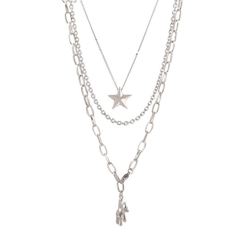 Retro Multi-layer Three-Layer Metal Chain Bear Five-Pointed Star Necklace Female Overlapping Sweater Chain Necklace 1