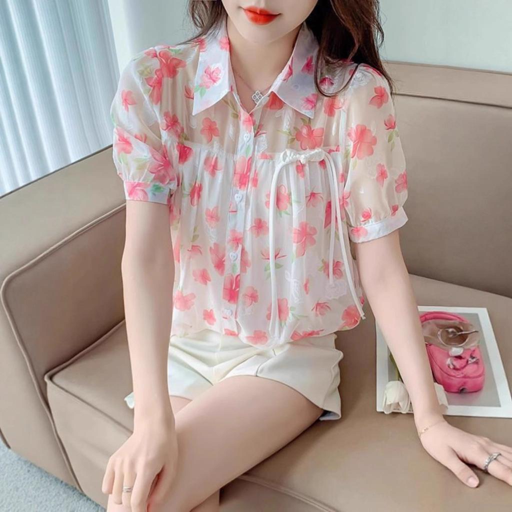 Women's Floral Shirt Short Sleeved Shirt Summer Top Suit Collar Design Sense Niche Base Shirt
