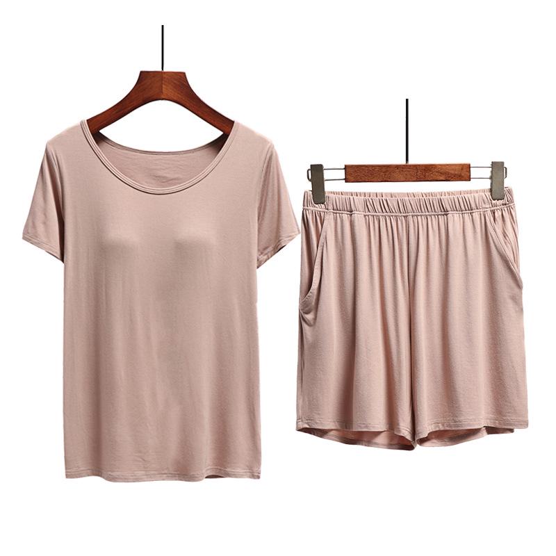 Women's Modal Chest Pad Short Sleeve Pajama Set - Summer Five-Point Shorts