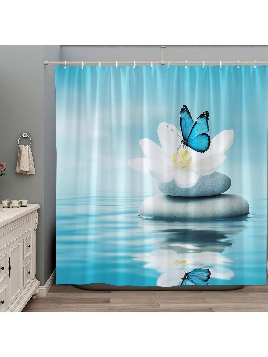 

Zen Shower Curtain Blue Butterfly Flower Spa Stone Reflection In Water Relax Spring Fashion Girl Polyester Bathroom Decor Set W60H190(CM)-1 Pcs