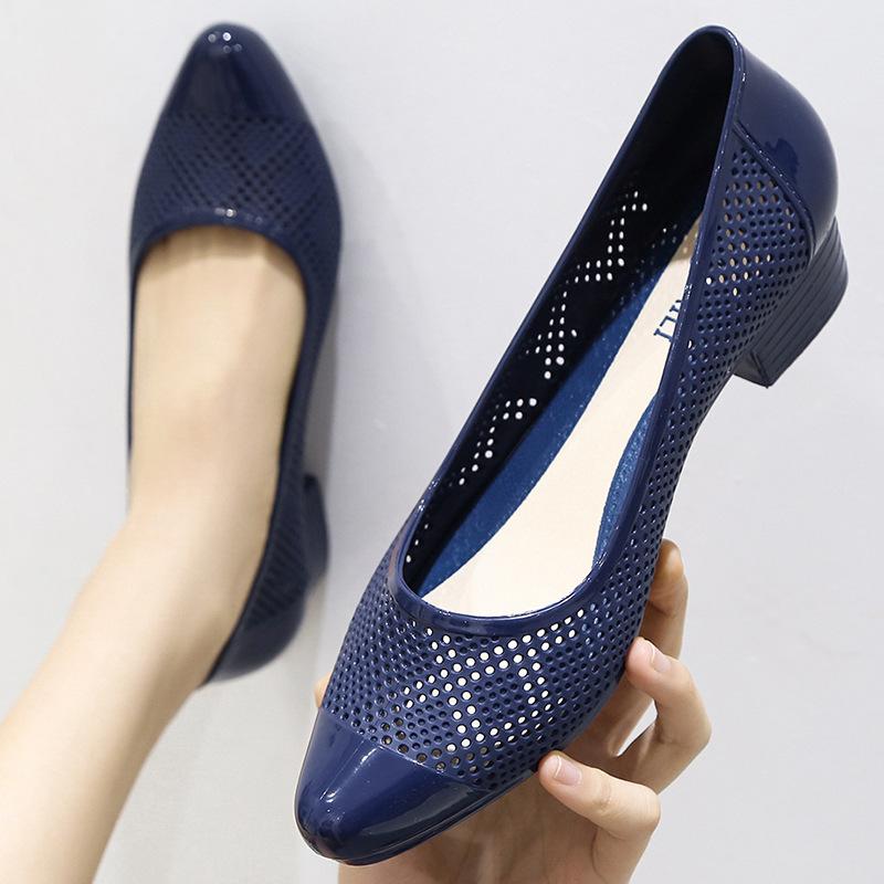 Women's Summer Middle Heel Outside Wear Baotou Sandals Solid Color Thick Heel Non-slip Shallow Mouth Breathable Leisure Hole Shoes