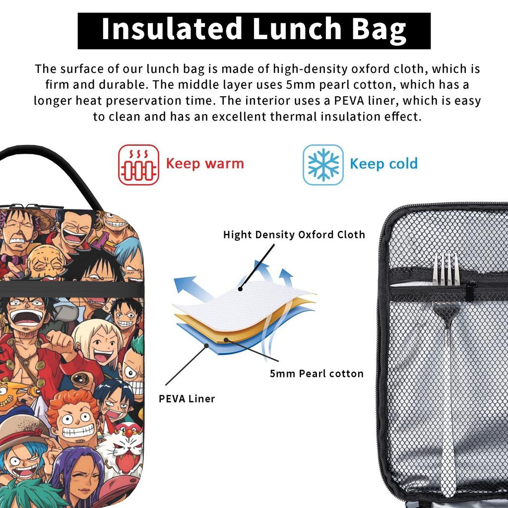 Colorful Chibi Straw Hat One Piece Lunch Bag  Lunch Box For Men  Fashion Designer Thermal Lunch Bags Portable Zipper Cooler Bag