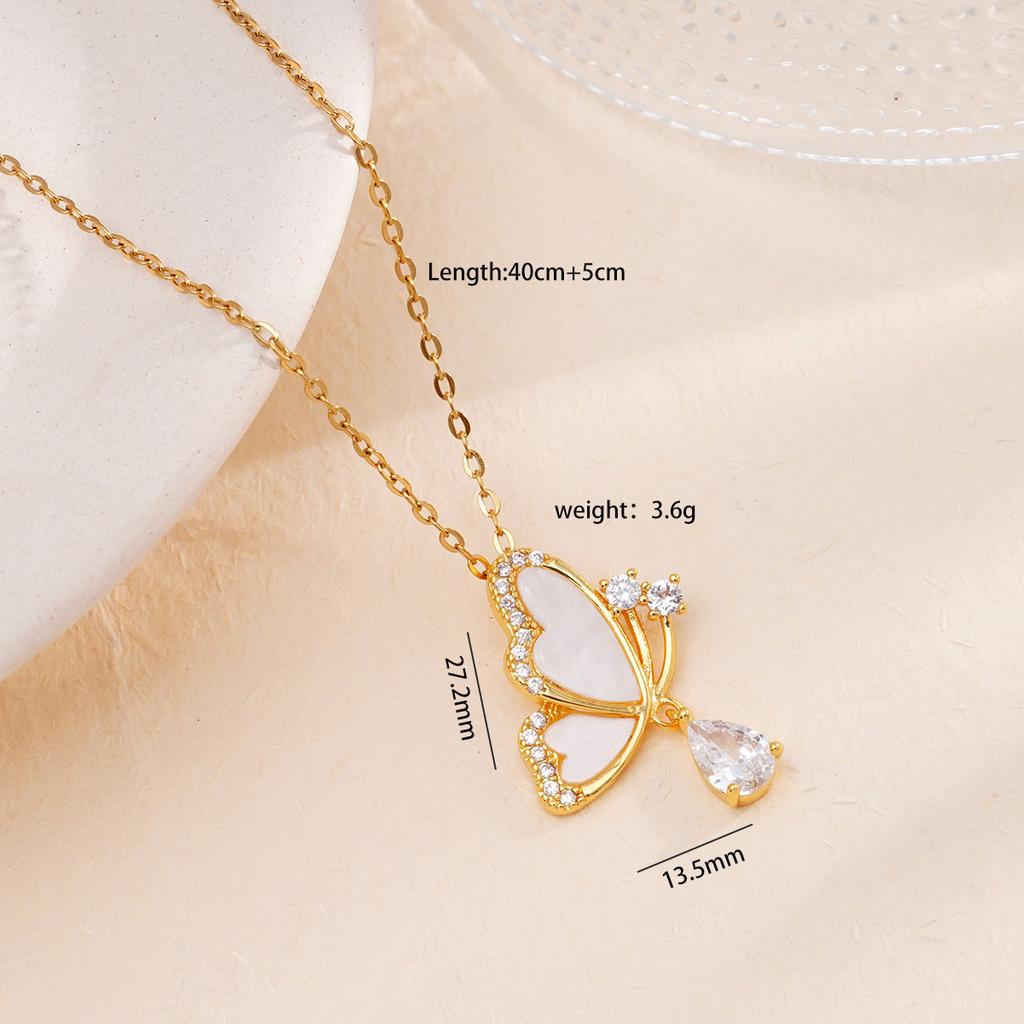 Fashion Shell Butterfly Zircon Pendant Necklace Gold Color Stainless Steel Chain Jewelry Gifts for Women Teen Girls