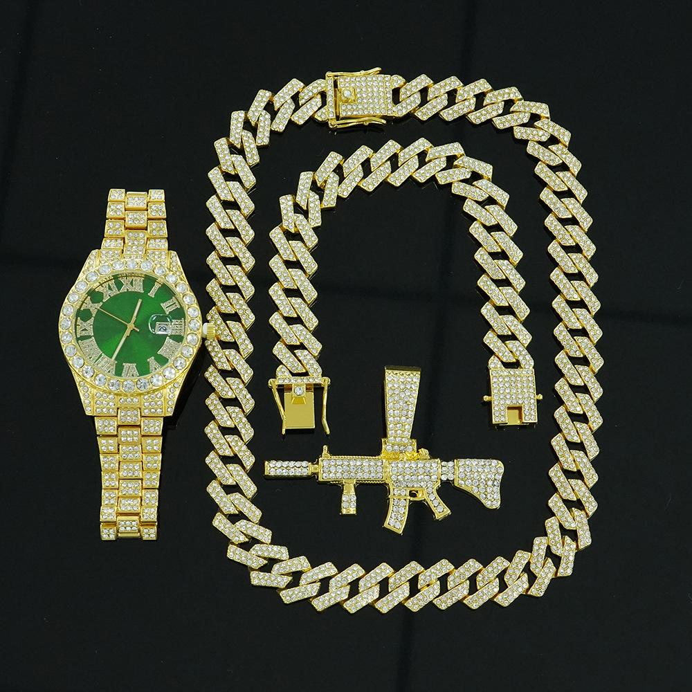 Hip Hop Persönlichkeit Pistolenanhänger Kubanische Kette Halskette Armband Uhr Set Modisches und Vielseitiges Herrenschmuck Geschenkbox Set