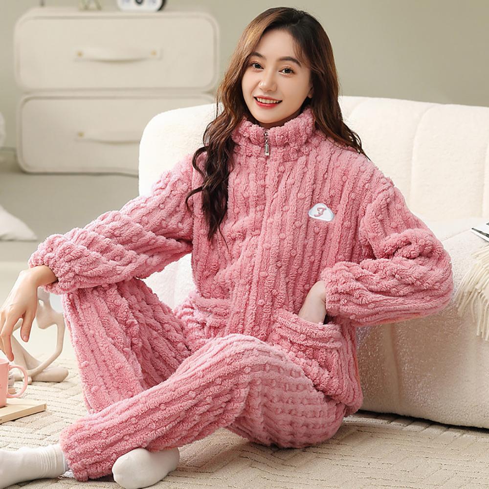 Plus Size Women's Pajamas Set Jacquard Winter Extra Thick Double Sided Flannel Warm Pajamas Smooth Zipper Pajamas Women's Pajamas