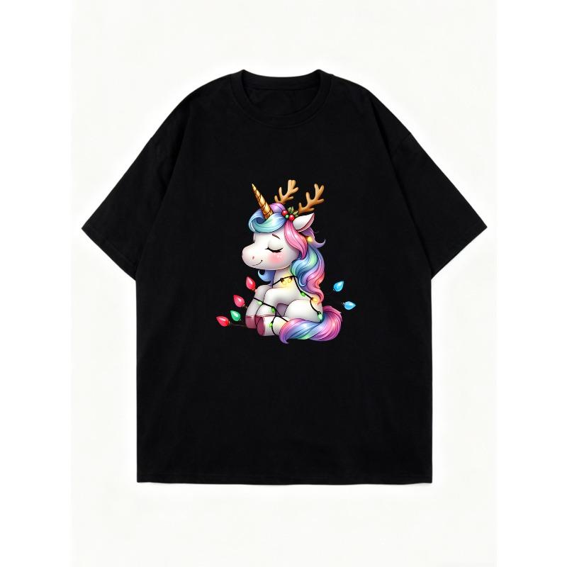 Υπερμεγέθης Μπλούζα Μονόκερος Μαύρη Μονόκερος Ουράνιο Τόξο Με Κέρατα Και Φώτα Γραφική Εκτύπωση Casual Streetwear Για Γυναίκες