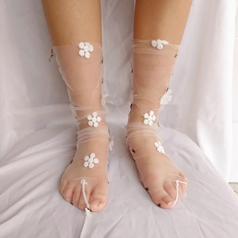 2 Pairs Women Girls Transparent Socks Breathable Ultra Thin Mesh Tulle Socks Female Sweet Cool Socks Sexy Flower Lace Socks One Size