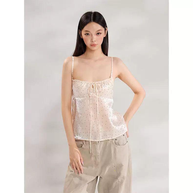 Vintage Polka Dot Lace-up Sling Vest Women's Summer Tulle Adjustable Outer Wear Versatile Comfortable Casual Pure Desire Top