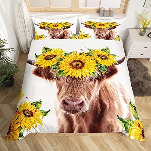 Highland Cattle Duvet Cover Set Flower Pattern Farm Animals Polyester Comforter Cover King Queen Size For Adult Men Bedding Set