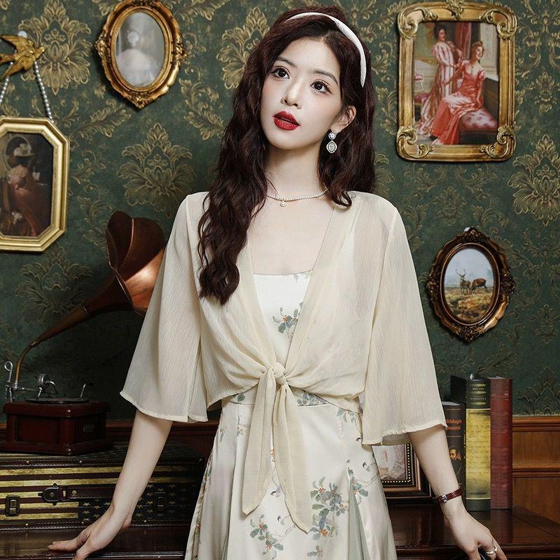 Women's Versatile Chiffon Shawl: Summer Sun Protection Mid-Sleeve Cardigan and Sleeveless Camisole Dress Set.