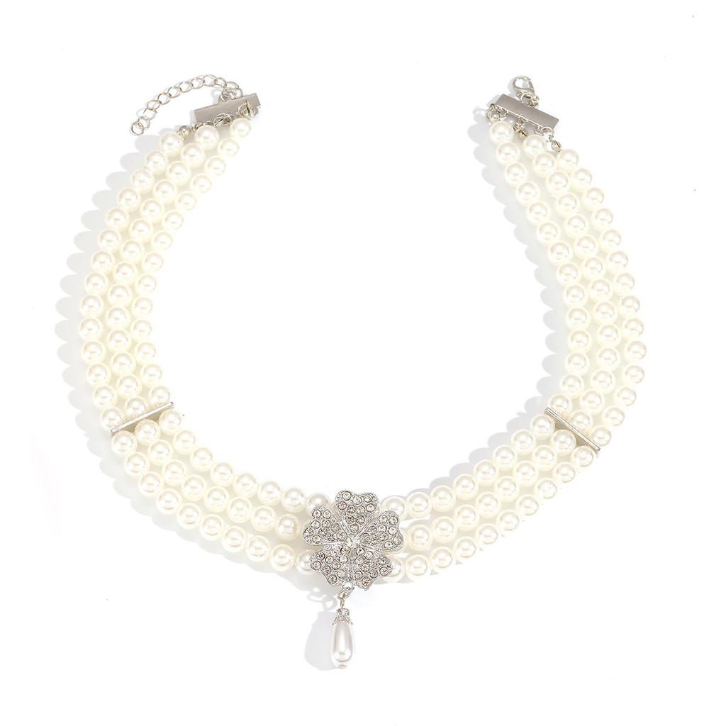

Pearl Necklace With Sparkling Flower Pendant Multilayer Retro Statement For Women